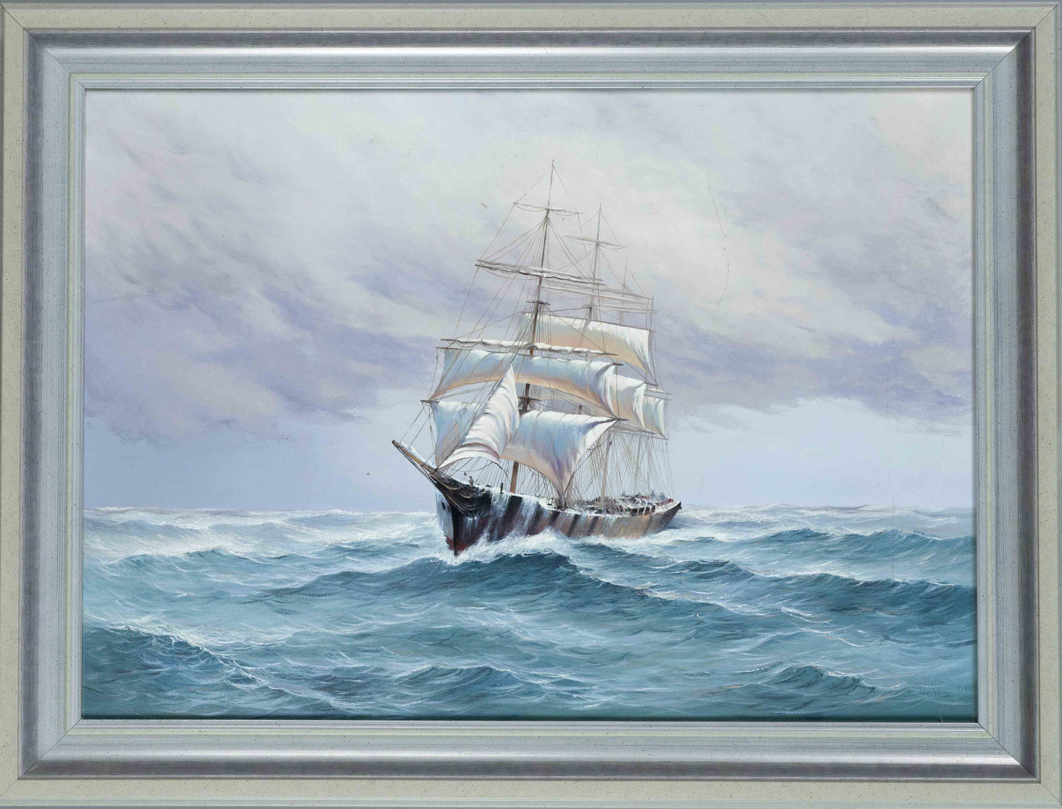 Unidentified marine painter 2nd half 20th century, Sailboat on heavy seas, oil on canvas,