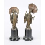 Anonymous sculptor, c. 1920, two Japanese women with fan and umbrella, patinated bronze on high