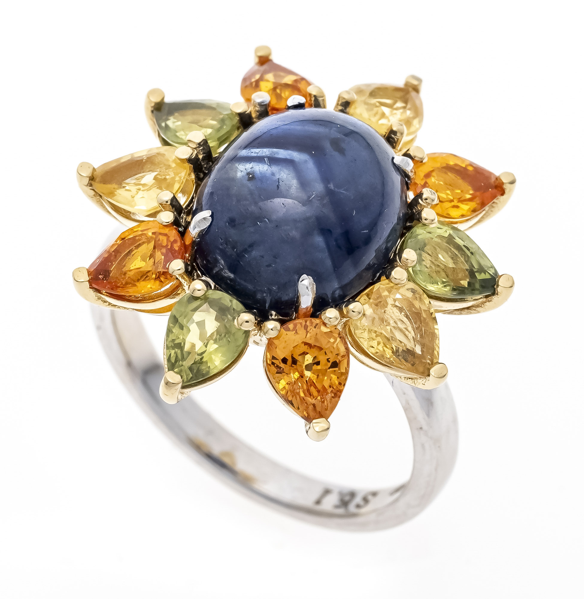 Multicolor sapphire ring WG 750/000 with an oval sapphire cabochon 6.1 ct (hallmarked) in a bright