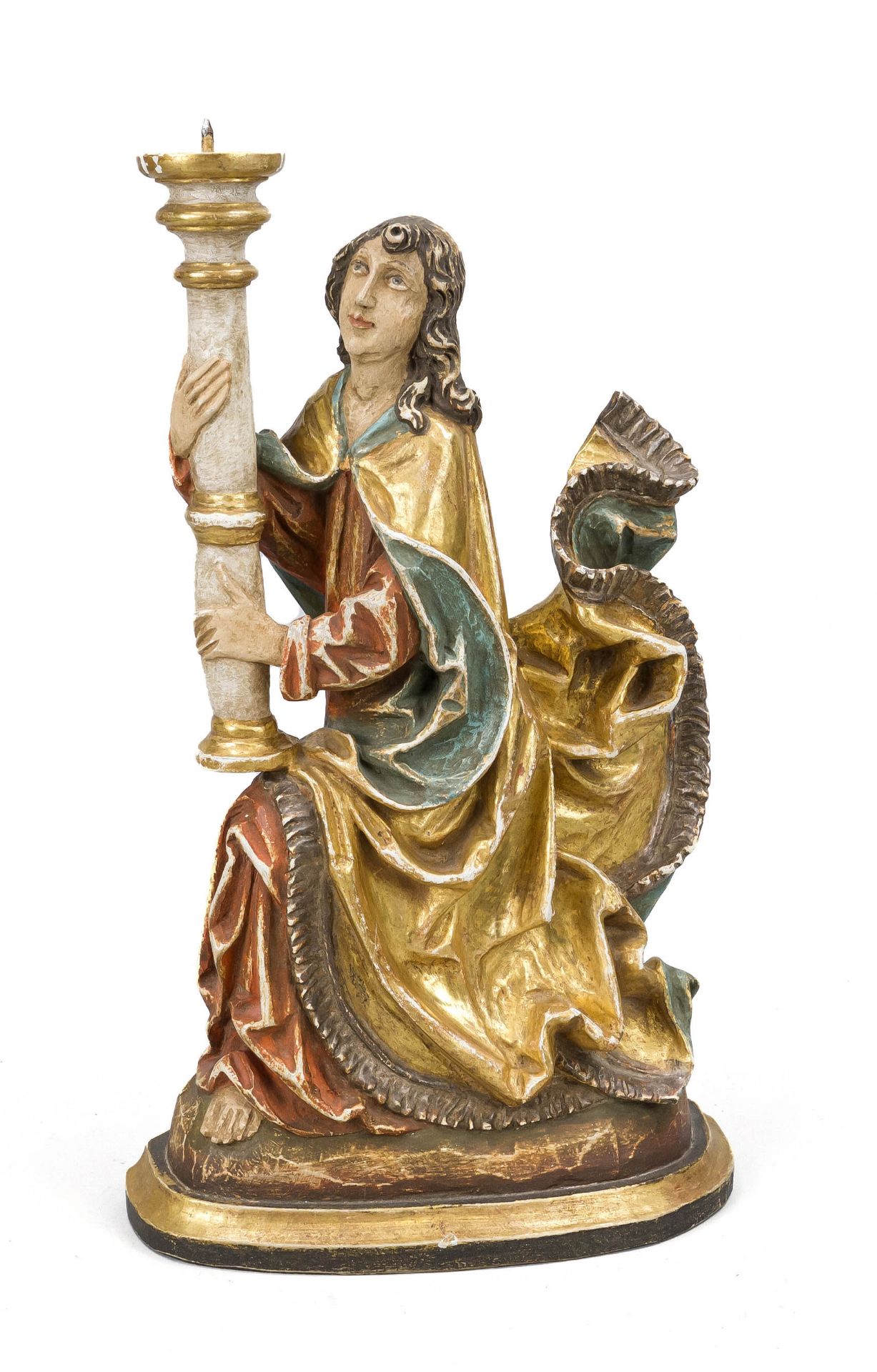 Figural candlestick, 20th century, carved wood and polychrome painted, seated figure in medieval