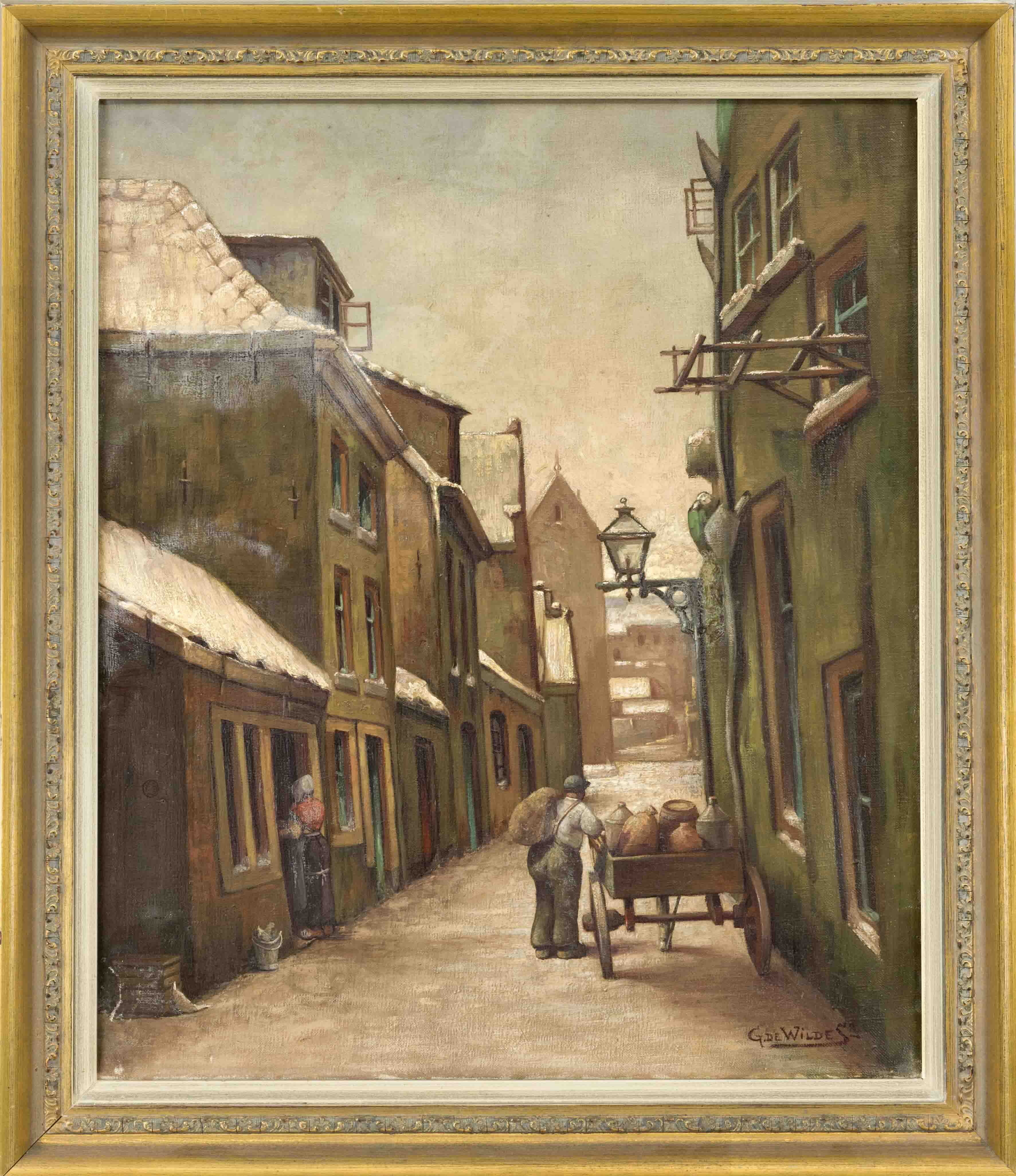 G. de Wildes, 1st half of the 20th century, Old Town Lane with a Vendor, oil on canvas, signed lower