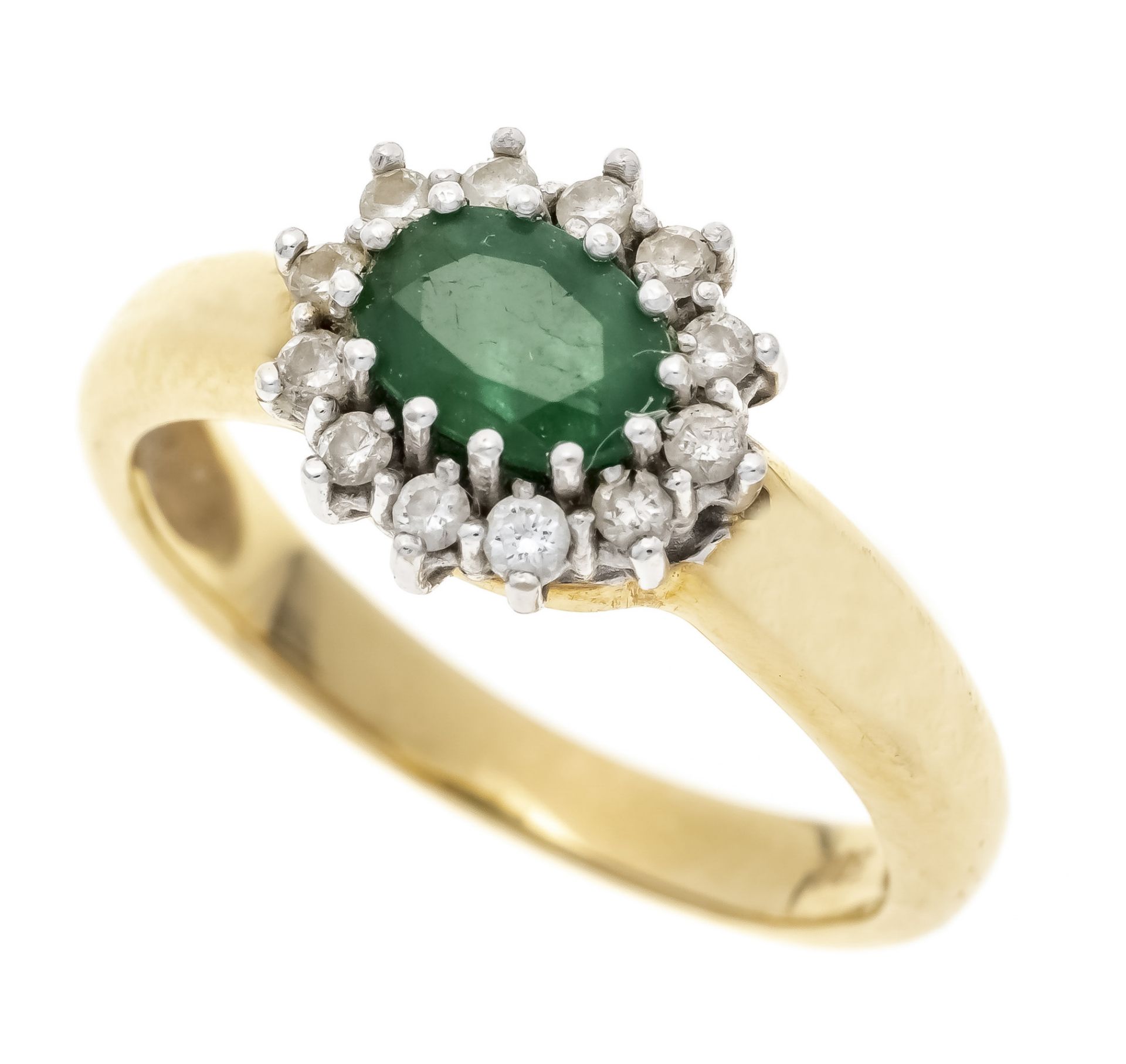 Emerald and brilliant-cut diamond ring GG/WG 585/000 with an oval faceted emerald 6.4 x 4.7 mm