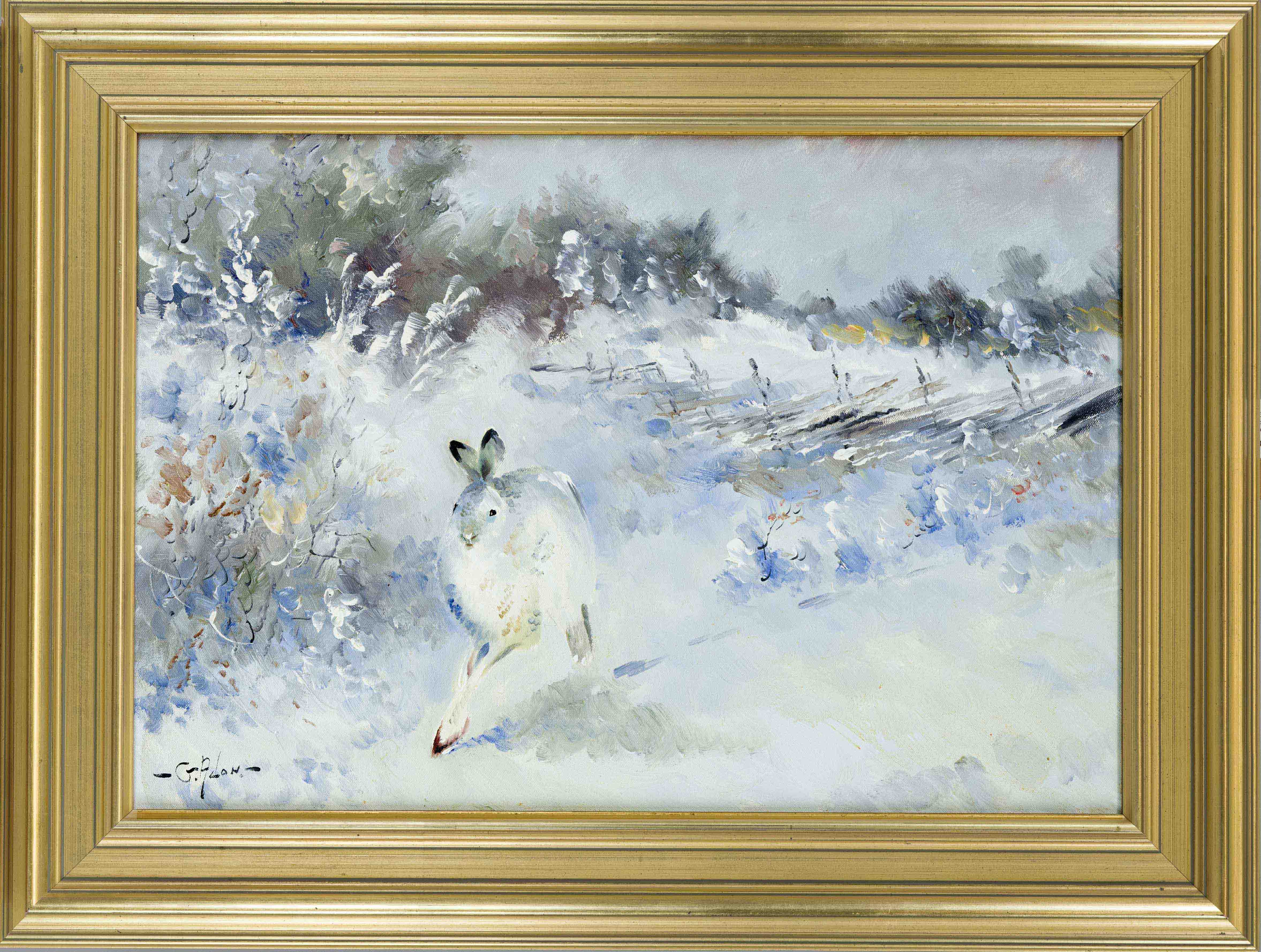 Unidentified artist 2nd half 20th century, jumping hare in a snowy landscape, oil on canvas,