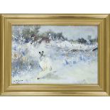 Unidentified artist 2nd half 20th century, jumping hare in a snowy landscape, oil on canvas,