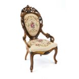 Salon armchair, 19th century, walnut carved in a style typical of the period, embroidered cover, 112