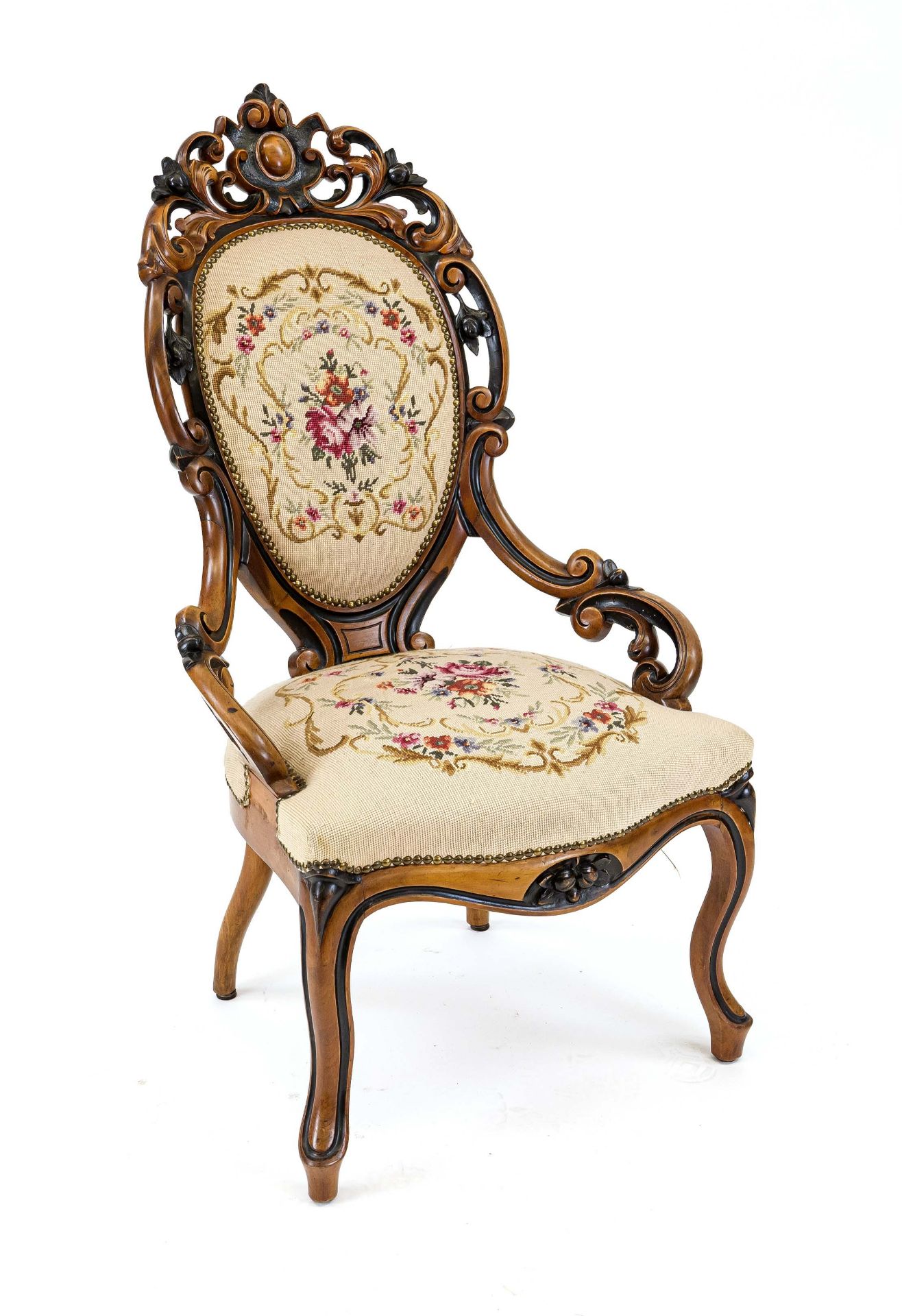 Salon armchair, 19th century, walnut carved in a style typical of the period, embroidered cover, 112