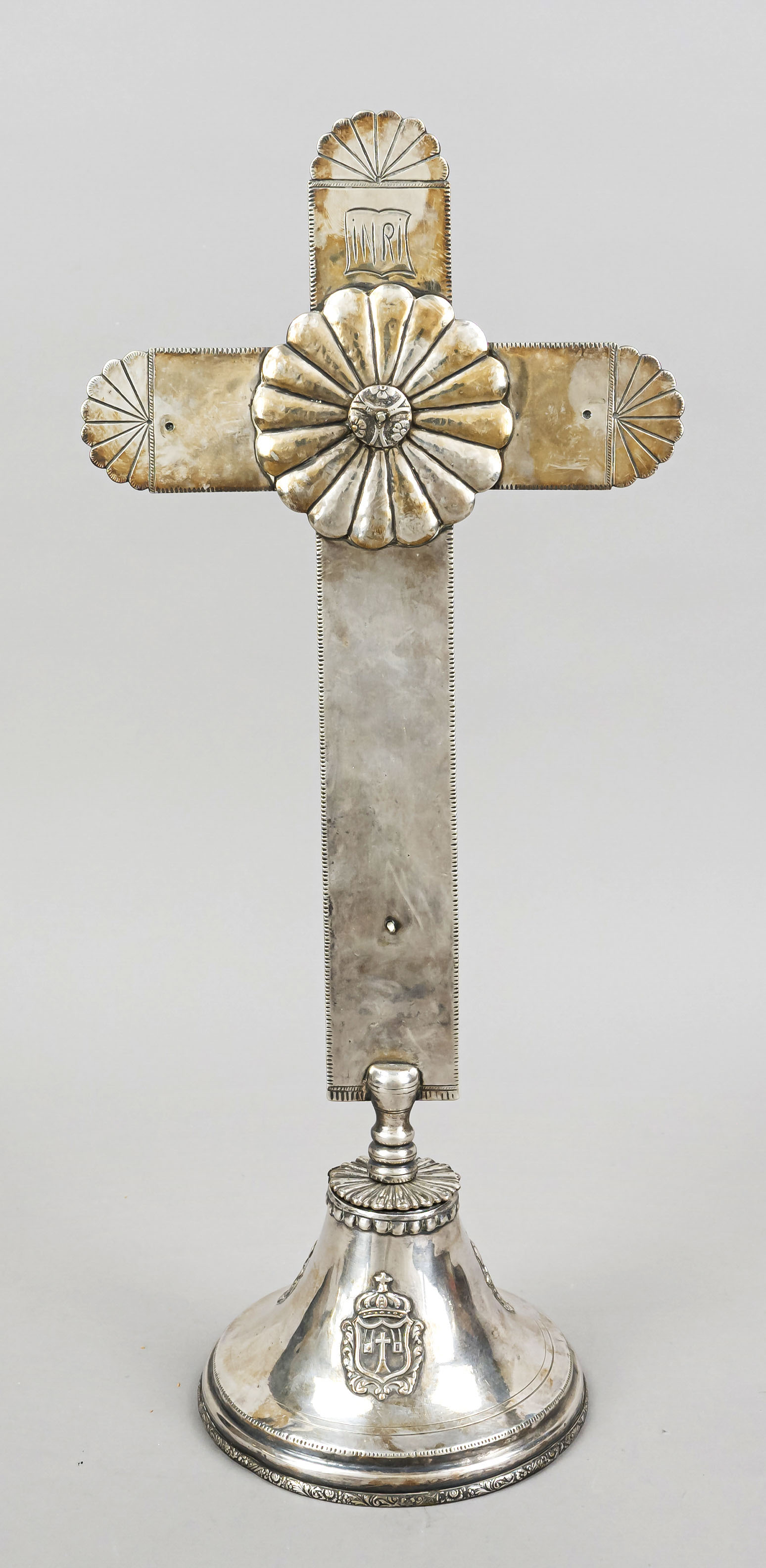 Standing crucifix, 20th century, plated, round domed stand with crowned coat of arms decoration,