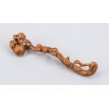 Sceptre, China 20th century, root wood carving. Gnarled branch with peaches and lingzhi mushrooms,