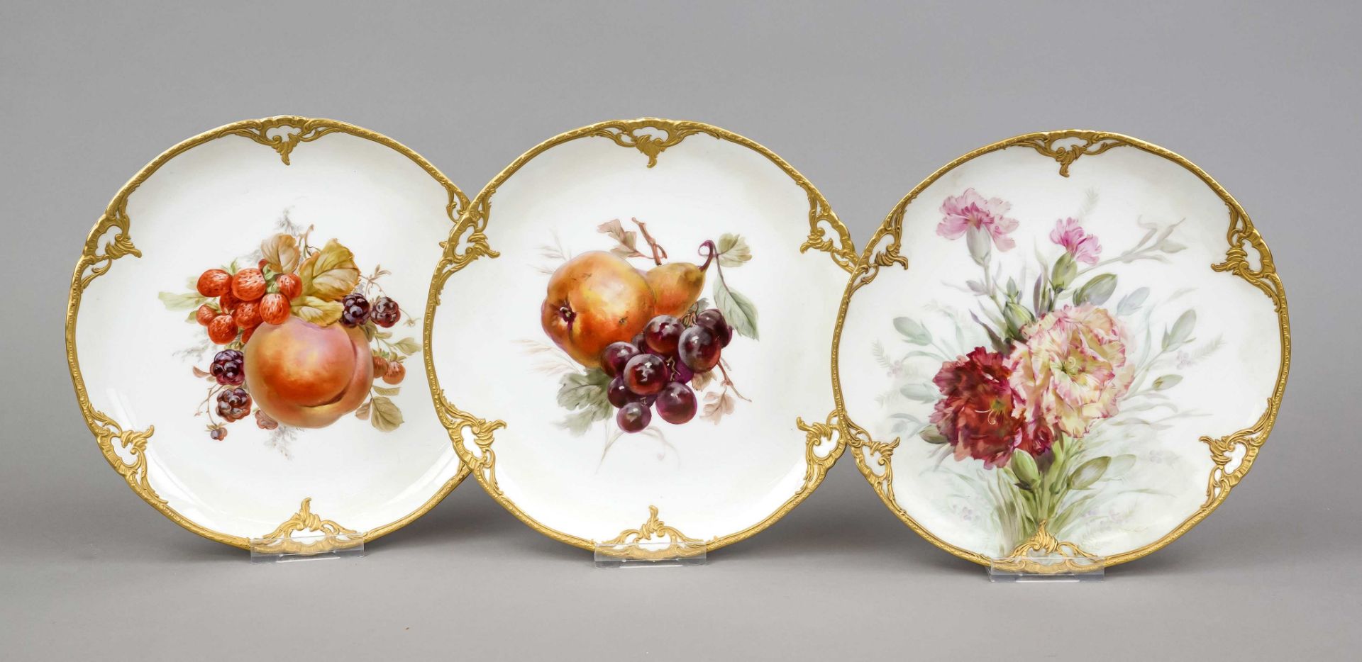 Three fruit plates, KPM Berlin, marks 1870-1945, 1st choice, without painter's marks, 1x with