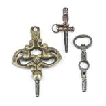 3 antique pocket watch keys, 18th-19th century, made of iron and brass, as crank, dagger and others,