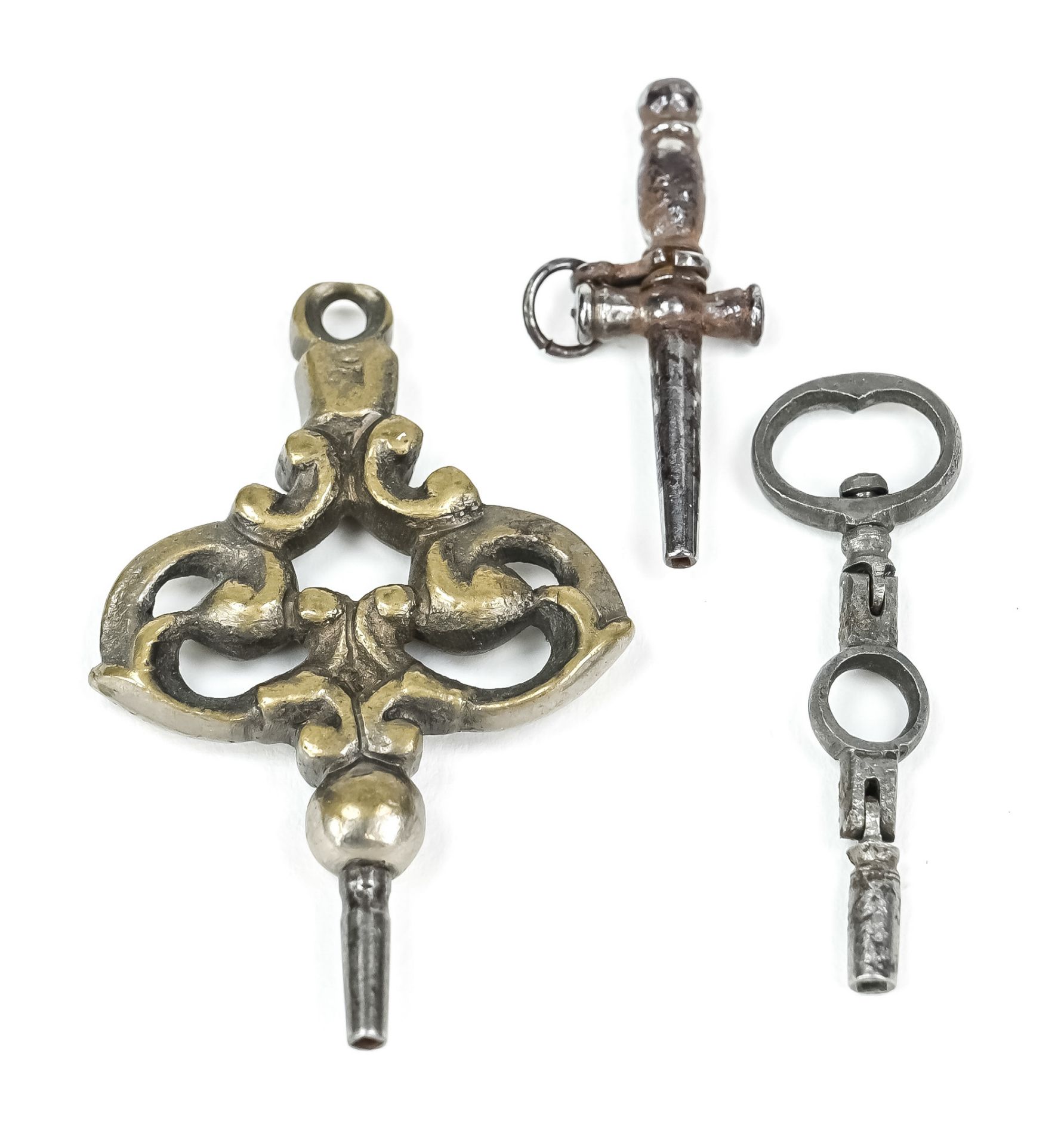 3 antique pocket watch keys, 18th-19th century, made of iron and brass, as crank, dagger and others,