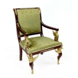 Empire-style armchair, 20th century, mahogany-stained beech wood with fully sculpted brass