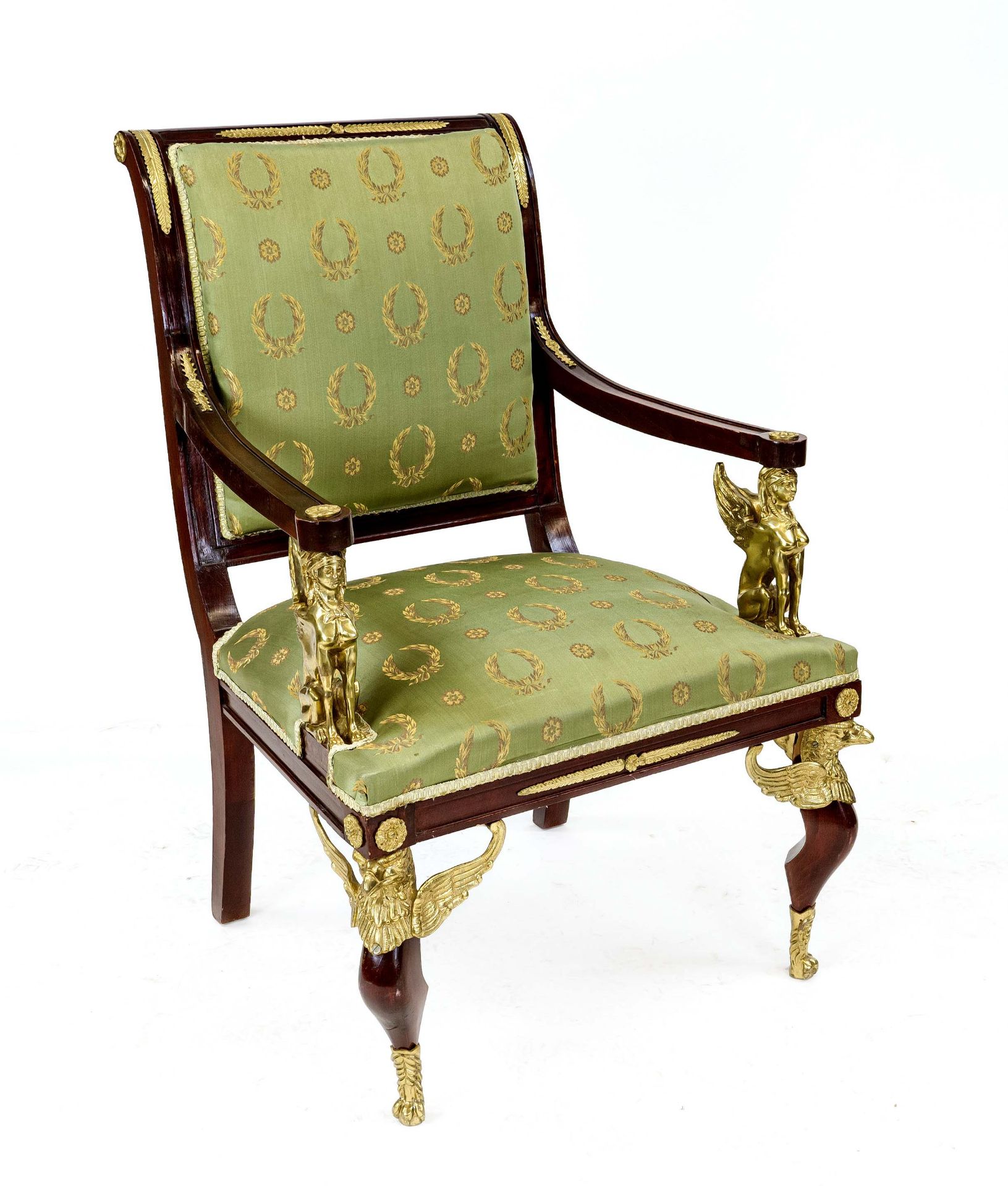 Empire-style armchair, 20th century, mahogany-stained beech wood with fully sculpted brass