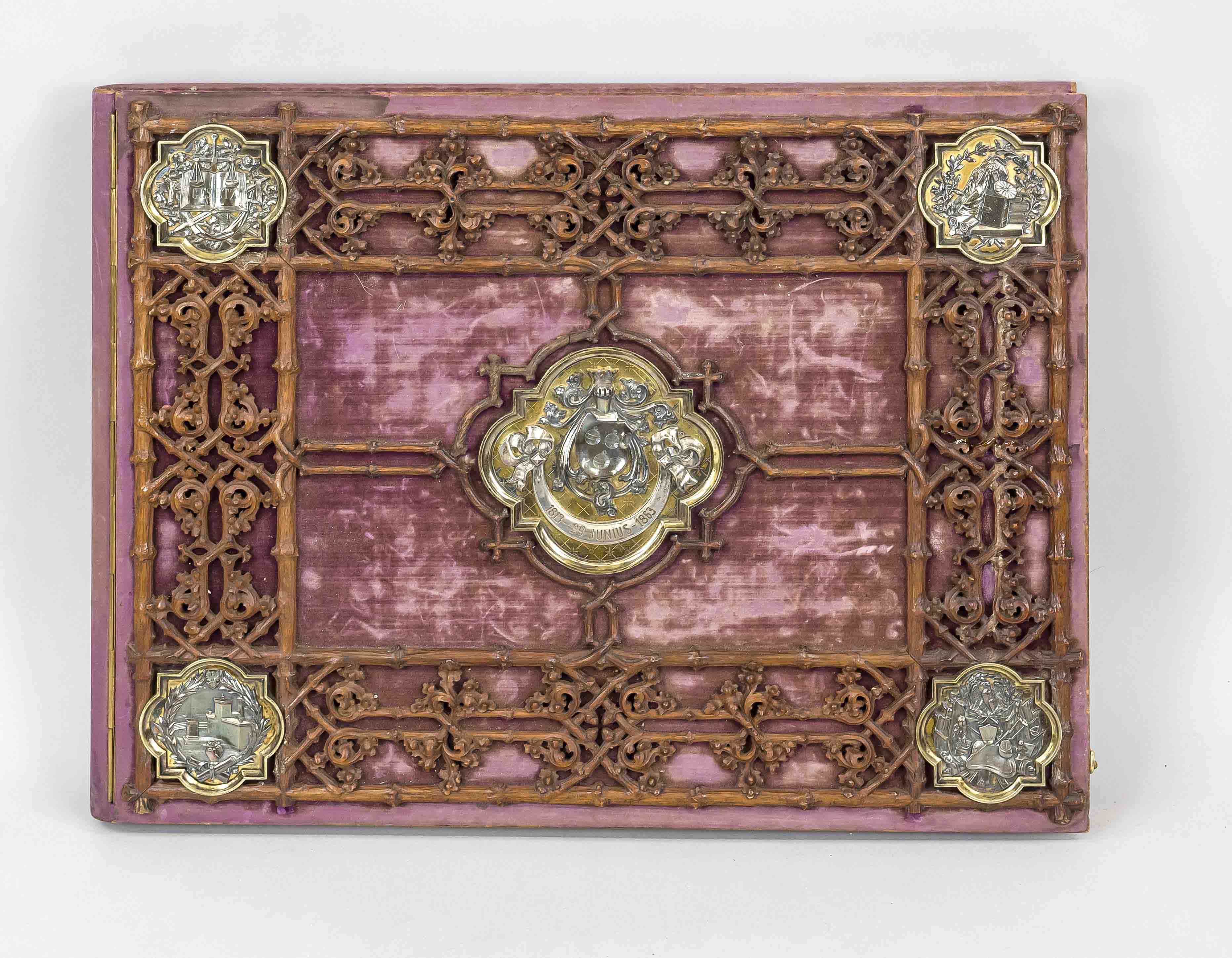 Large ceremonial binding/folder, 19th century, purple velvet, applied carved branches, four-pass