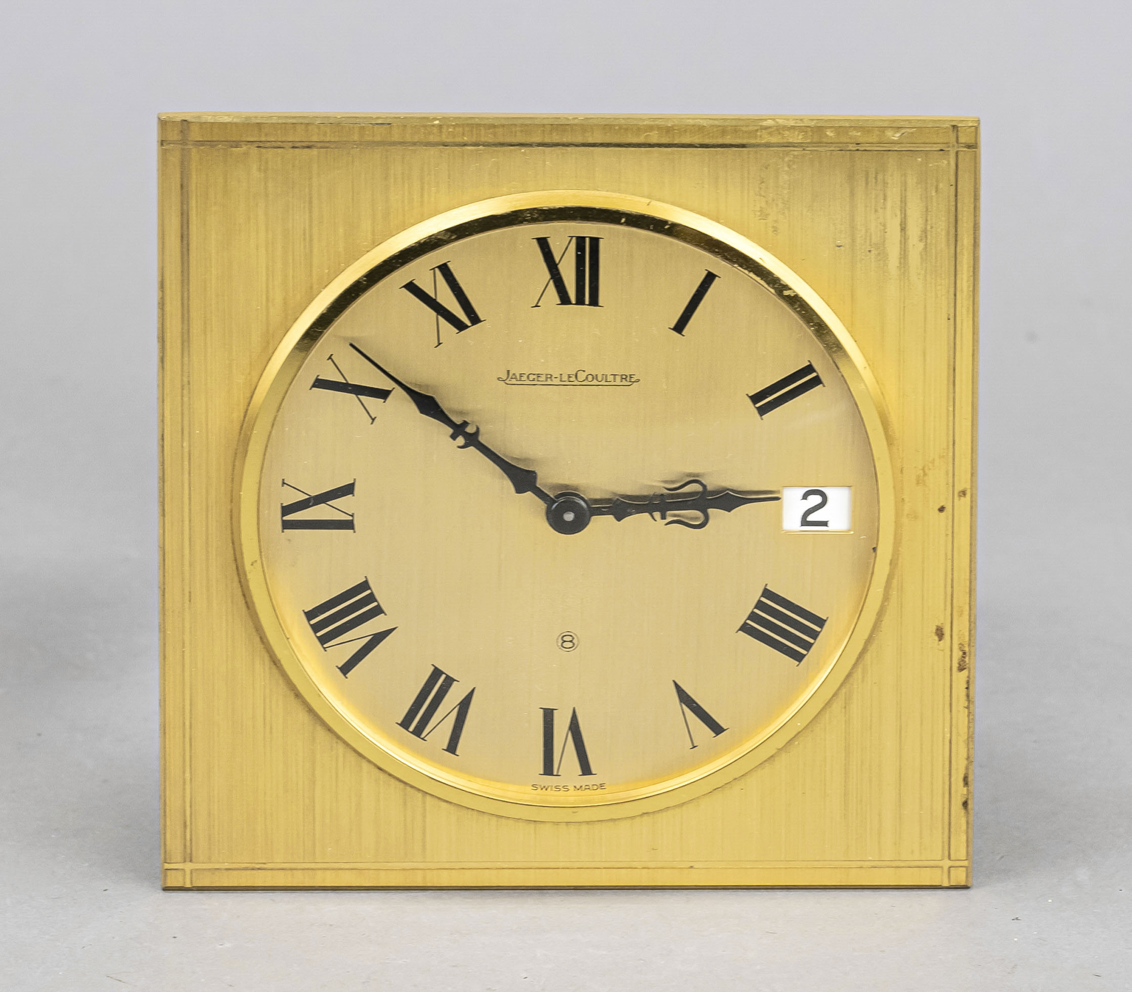 small table clock, desk clock, Jaeger le Coultré, gilded brass, dial with black Roman numerals,