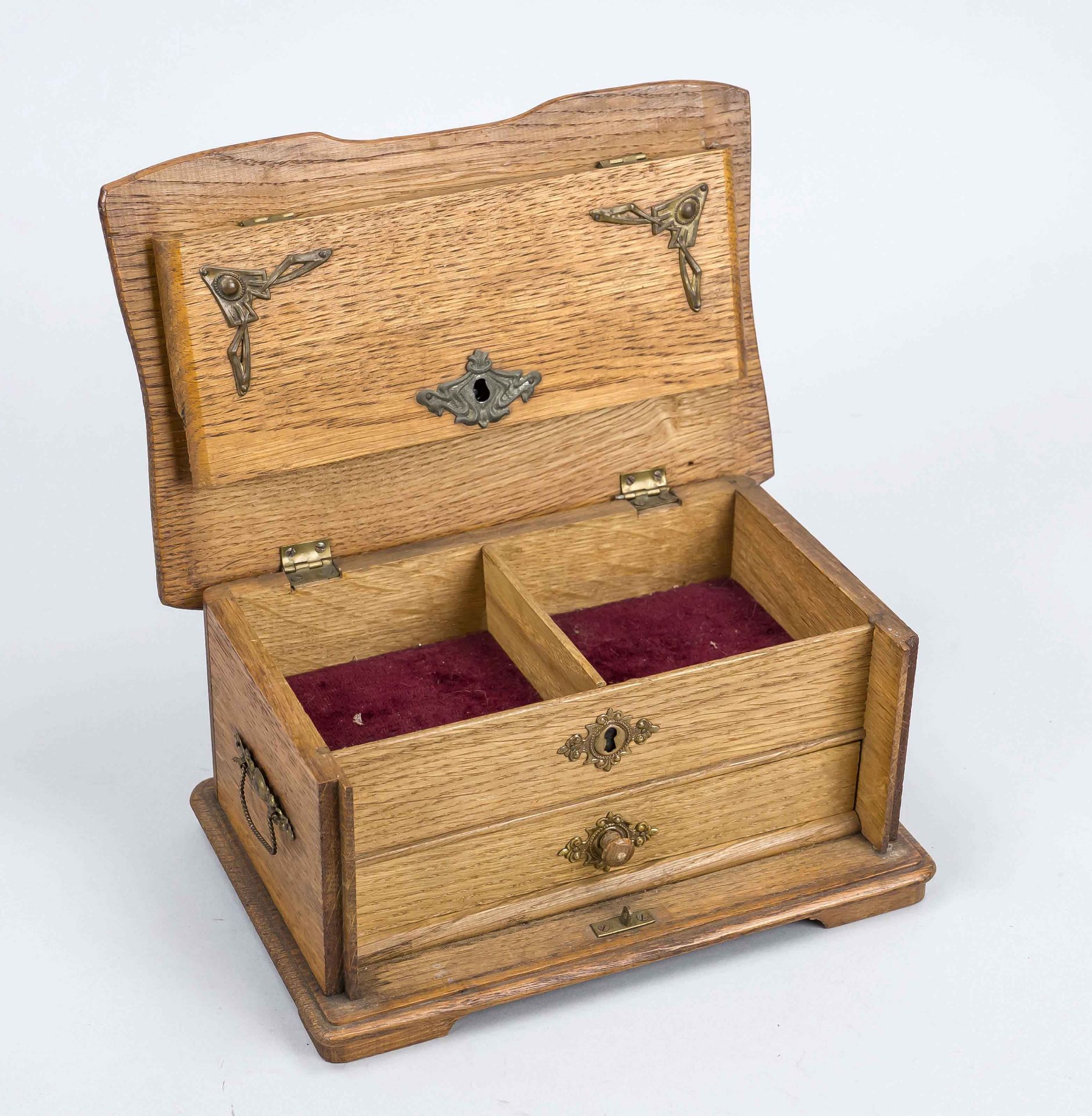 Art Nouveau casket, c. 1900, oak body with decorative brass fittings and stone trimming. Lock with