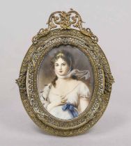 Miniature, 19th century, polychrome tempera painting on bone plate, unopened, oval bust portrait