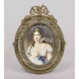 Miniature, 19th century, polychrome tempera painting on bone plate, unopened, oval bust portrait