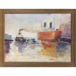 John Flinn (?), 1st half 20th century, Harbor scene, oil on burlap, indistinctly signed and