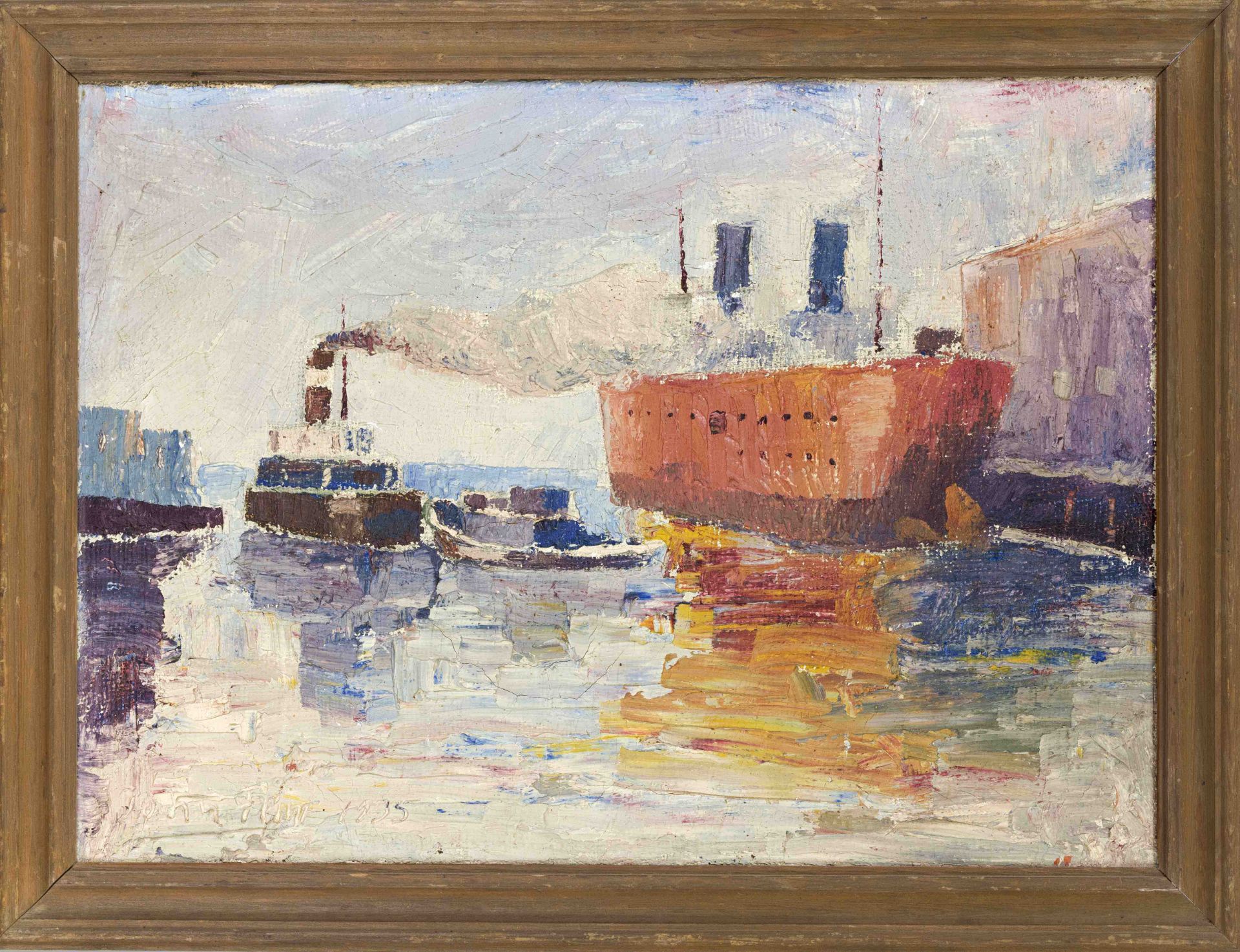 John Flinn (?), 1st half 20th century, Harbor scene, oil on burlap, indistinctly signed and