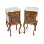 Pair of bedside/side cabinets, 19th century, walnut, corpus on curved legs with door and drawer,