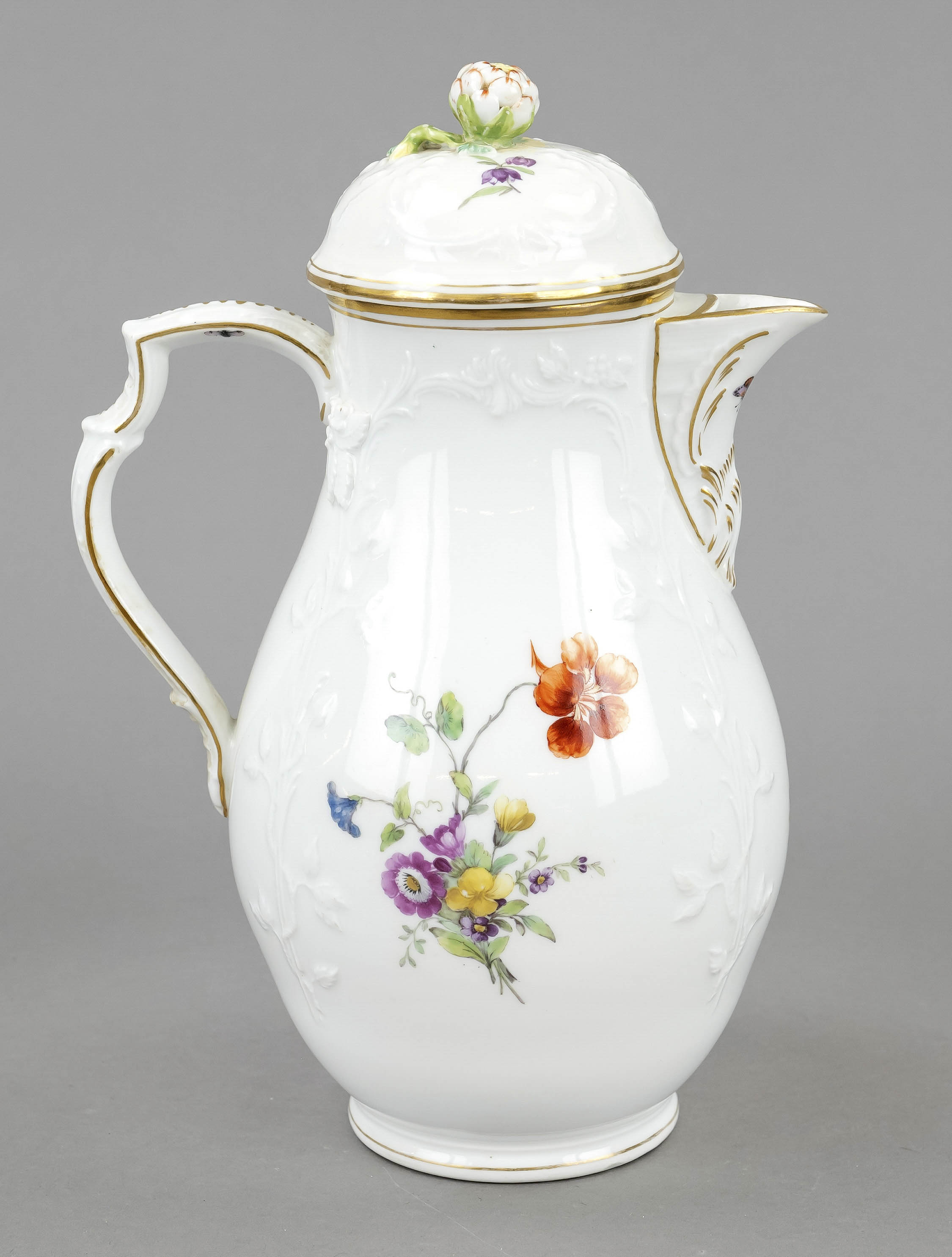 Coffee pot, KPM Berlin, c. 1800, 1st choice, with floral relief decoration and polychrome flower - Image 2 of 2