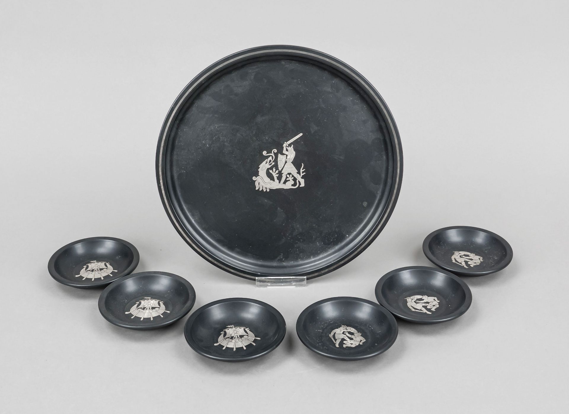 Seven-piece set with silver inlays, Sweden, c. 1960, Perstorp master mark, silver 830/000, black