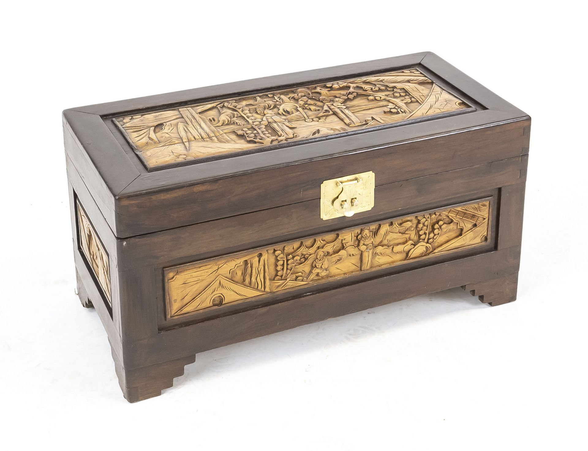 Folding box with carvings, China, wood with fine carvings of ideal landscapes, boys and palace