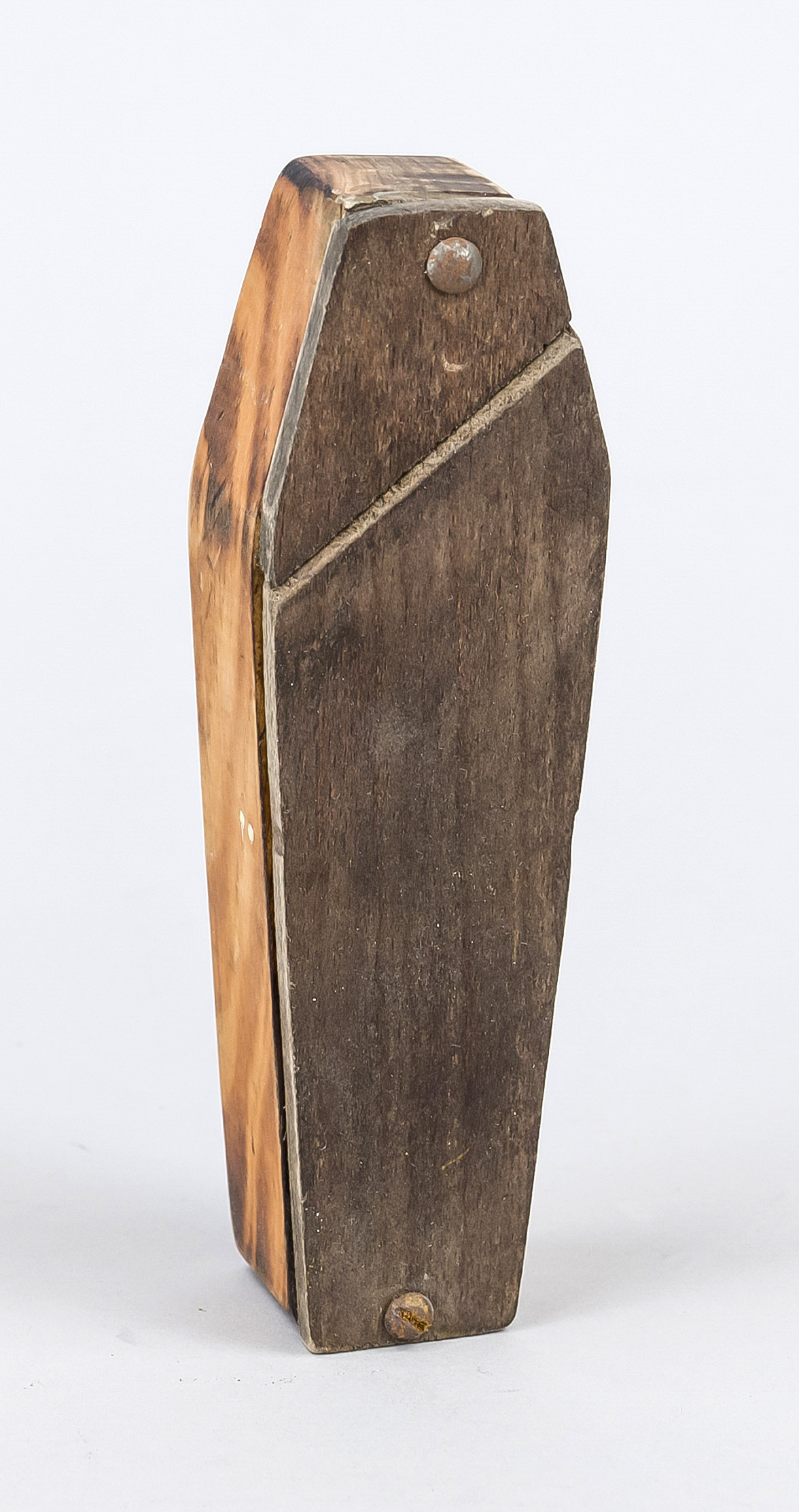 Erotic death, 20th century, wooden coffin with carved leg skeleton, with spring mechanism, phallus - Image 2 of 2