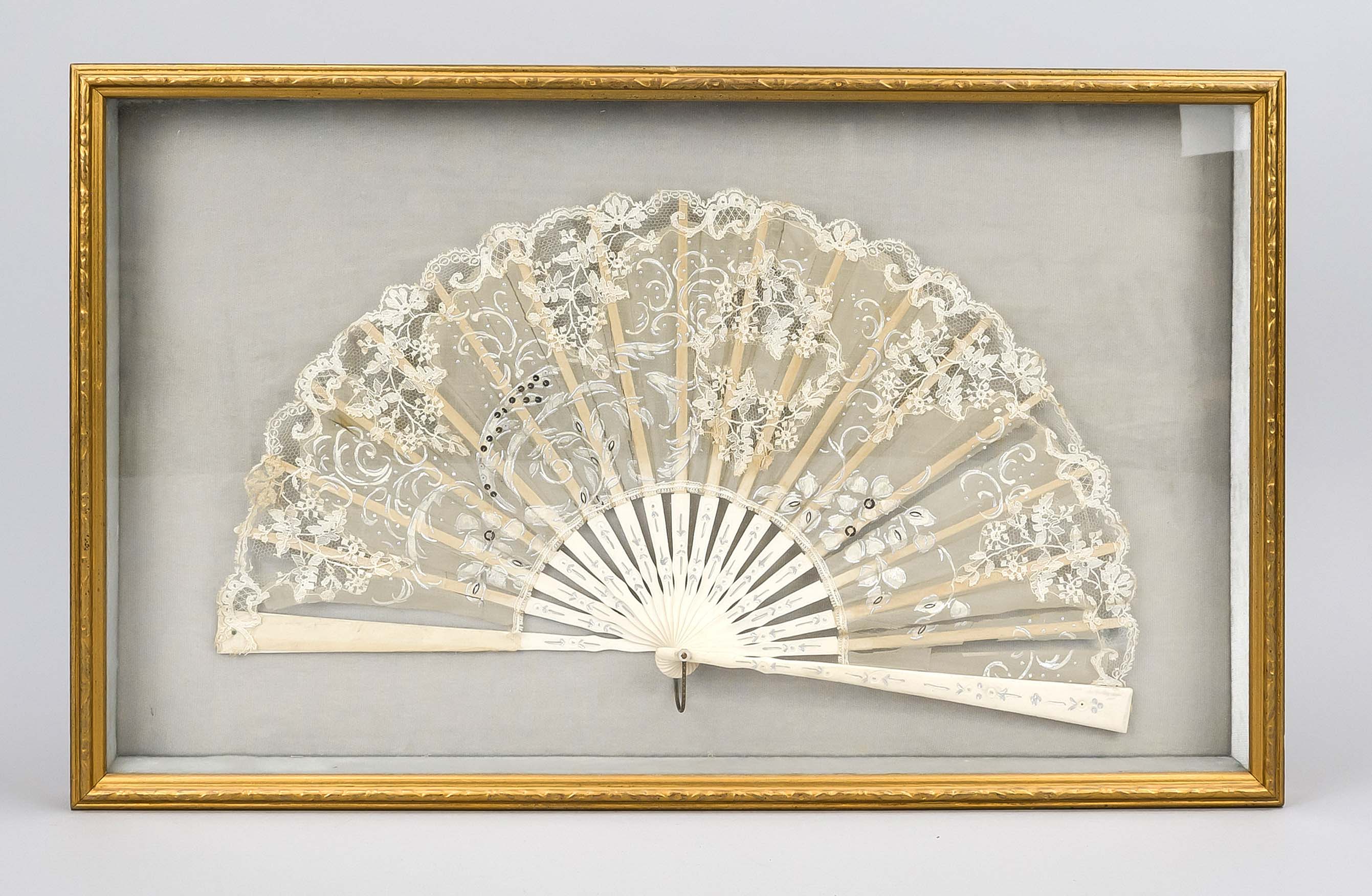 Fan in a display case frame, fan 19th century, leg rods covered with semi-transparent gauze fabric