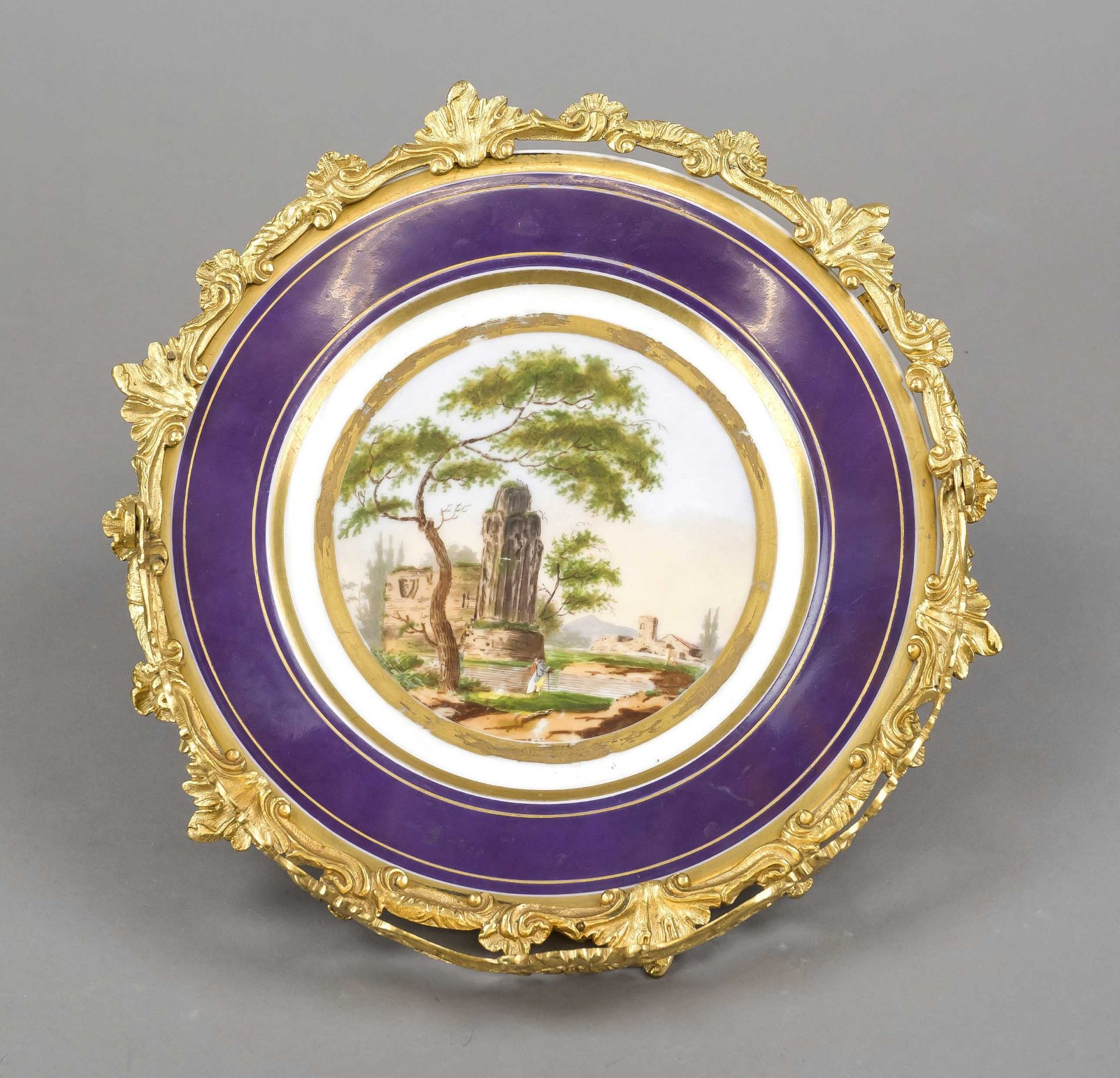 Centerpiece, w. France, late 19th century, smooth plate with polychrome landscape painting in the - Image 2 of 2