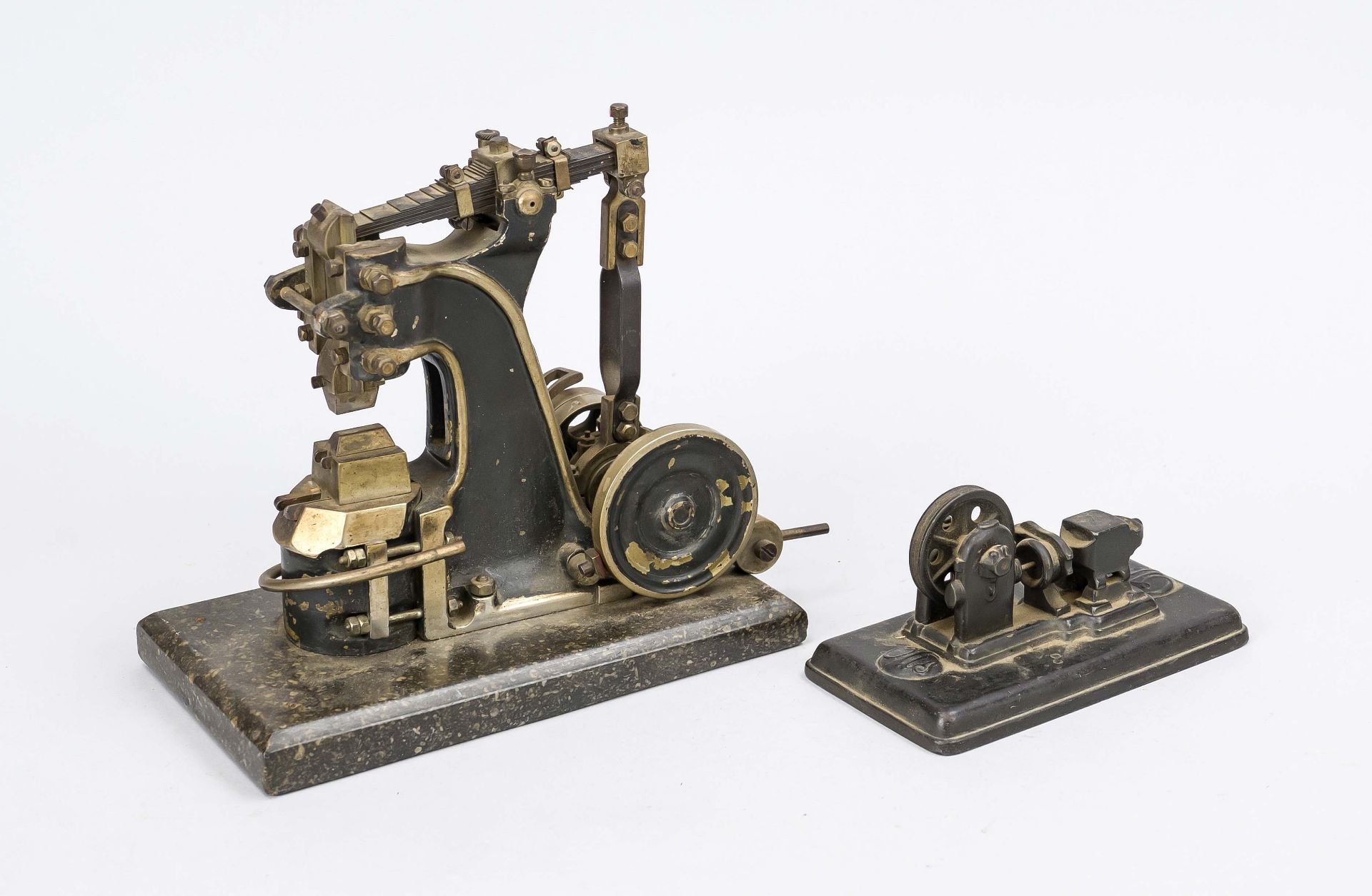 2 miniature models of machines, late 19th century. A large steam hammer, composed of many parts,