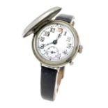 early jump cover wristwatch in nickel case, around 1900, back with engraving, plexiglass, white