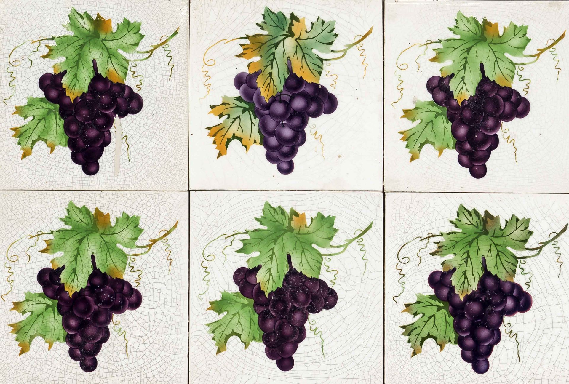 50 Tiles with Grape Decoration, 1st half 20th century, polychrome stencilled decoration with