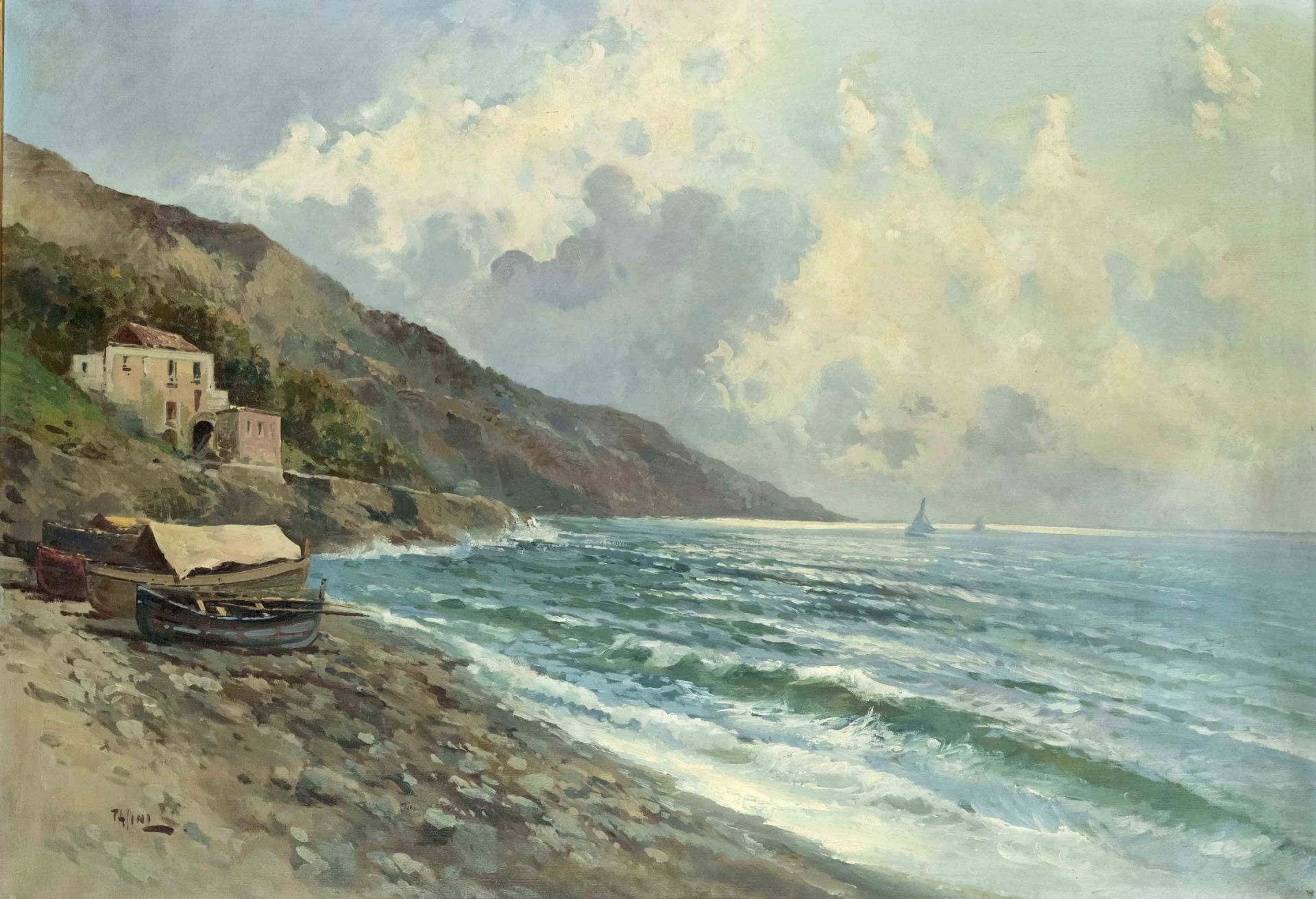 Emilio Pasini (1872-1953), Italian coastal scene with boats, oil on canvas, signed lower left, 70