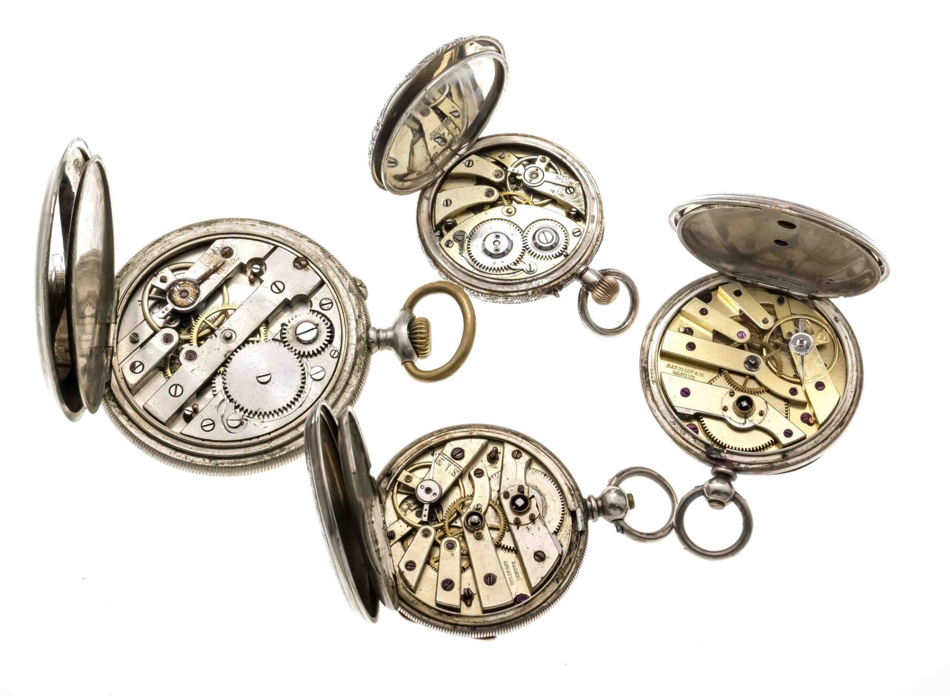 4 open pocket watches, 1 nickel 3 silver, cylinder escapement, engraved decoration, diameter 34 - - Image 2 of 2