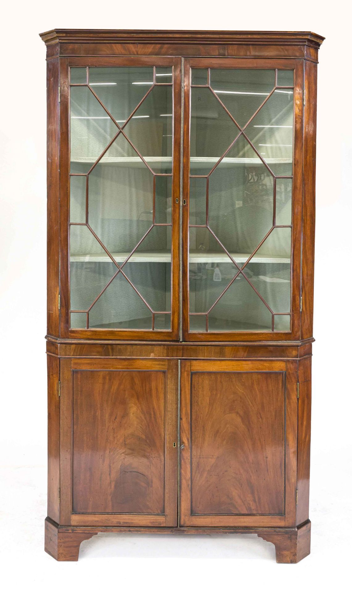 Glass top corner cabinet, England 19th century, mahogany, glazed upper section on 2-door lower