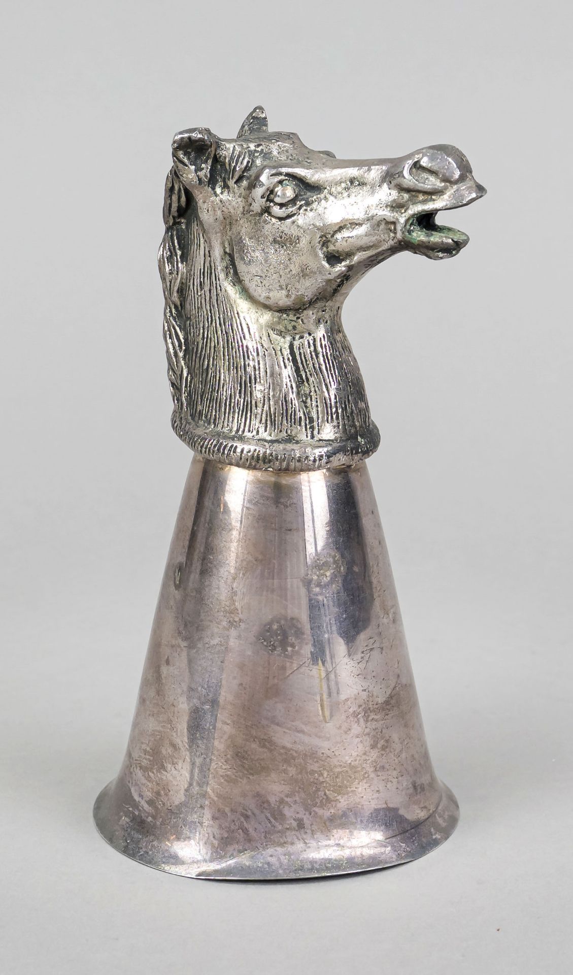 Figural tumblers, 2nd half 20th century, plated, horse's head, conical cup with flared lip rim, h.