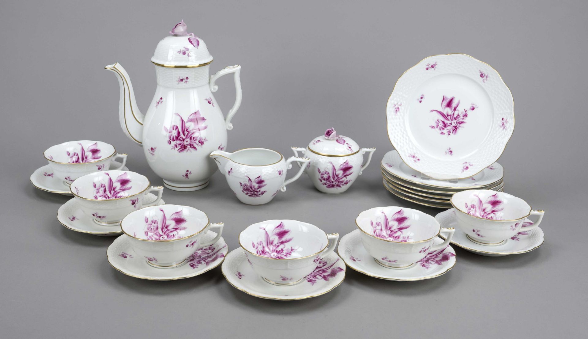 Coffee/tea service for six persons, 21-piece, Herend, 2nd half of the 20th century, Ozier form,