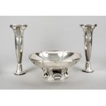 Round footed bowl and pair of candlesticks, USA, 1st half 20th century, maker's mark Richard Dimes