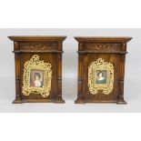 Pair of portraits of ladies in architectural frames (mariage), slightly rubbed, each 46 x 38 cm