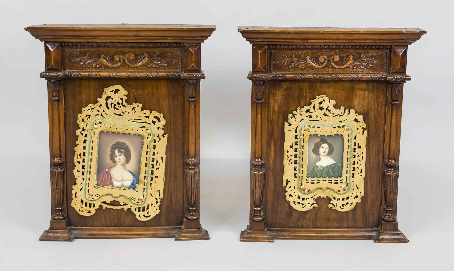 Pair of portraits of ladies in architectural frames (mariage), slightly rubbed, each 46 x 38 cm