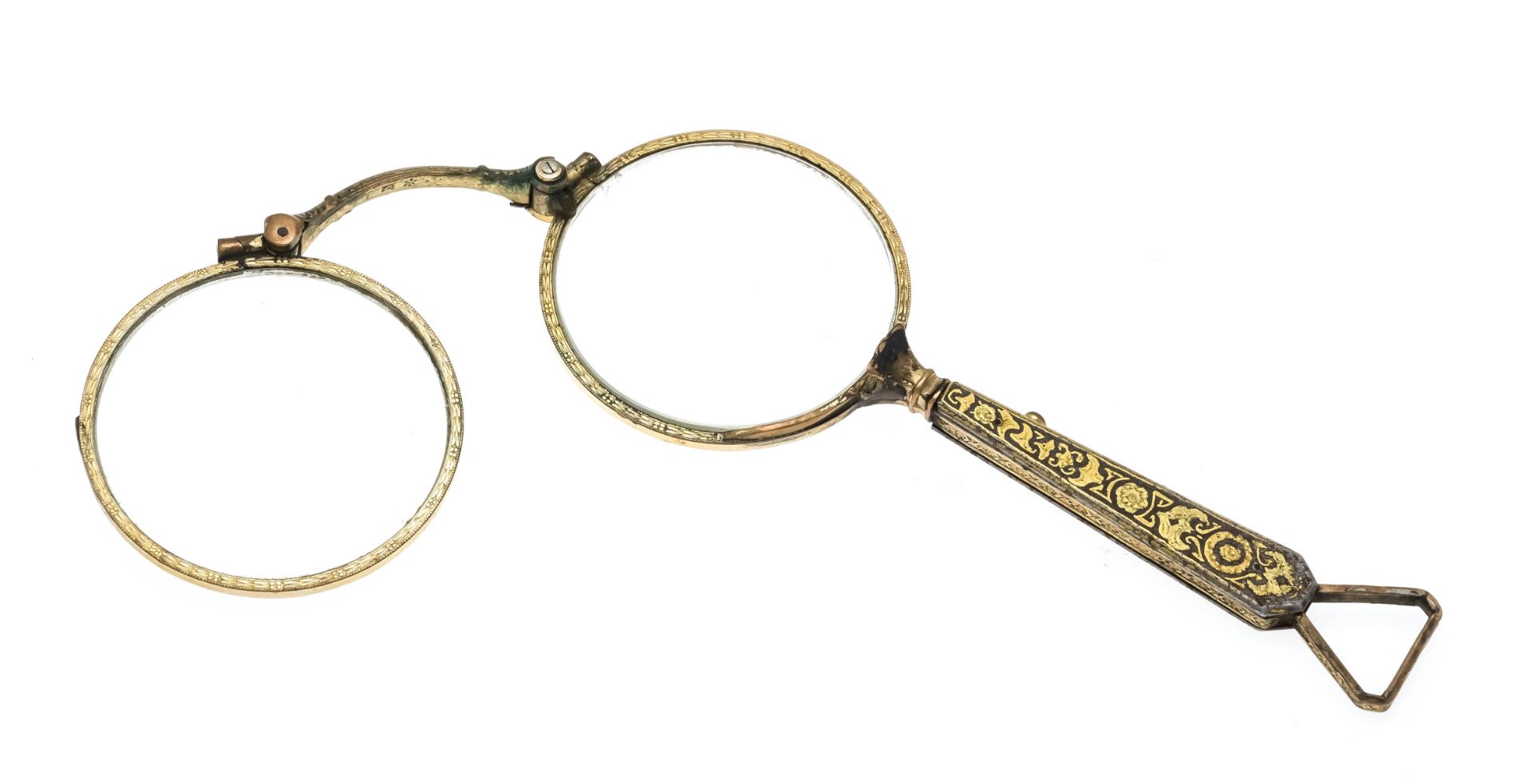 Lorgnon Metal gold-plated, partially ornamentally blackened, lenses d. 37 mm, l. 10.9 cm, rubbed, 29