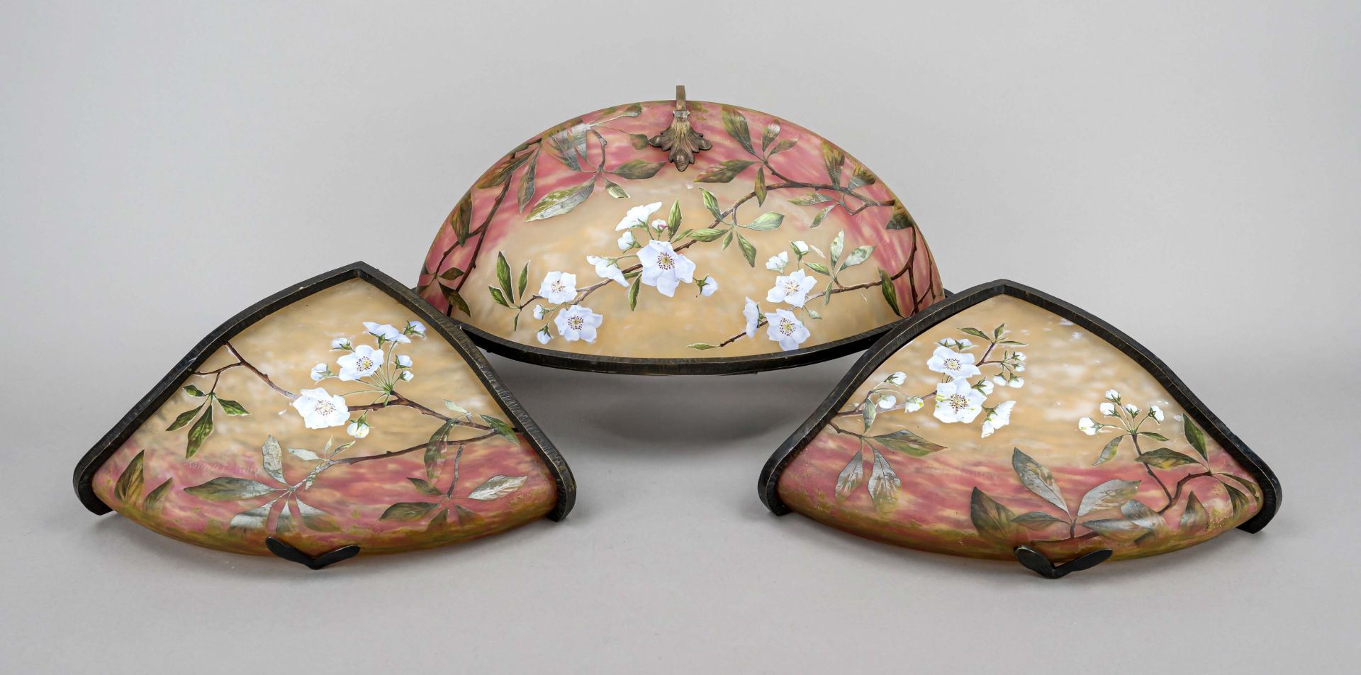 Three-piece Art Nouveau lamp set, France, c. 1900, Daum, Nancy, semi-circular wall lamp and pair