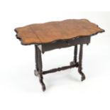 Side table, 19th century, walnut and mahogany, curved hinged top, frame with drawer, turned frame on