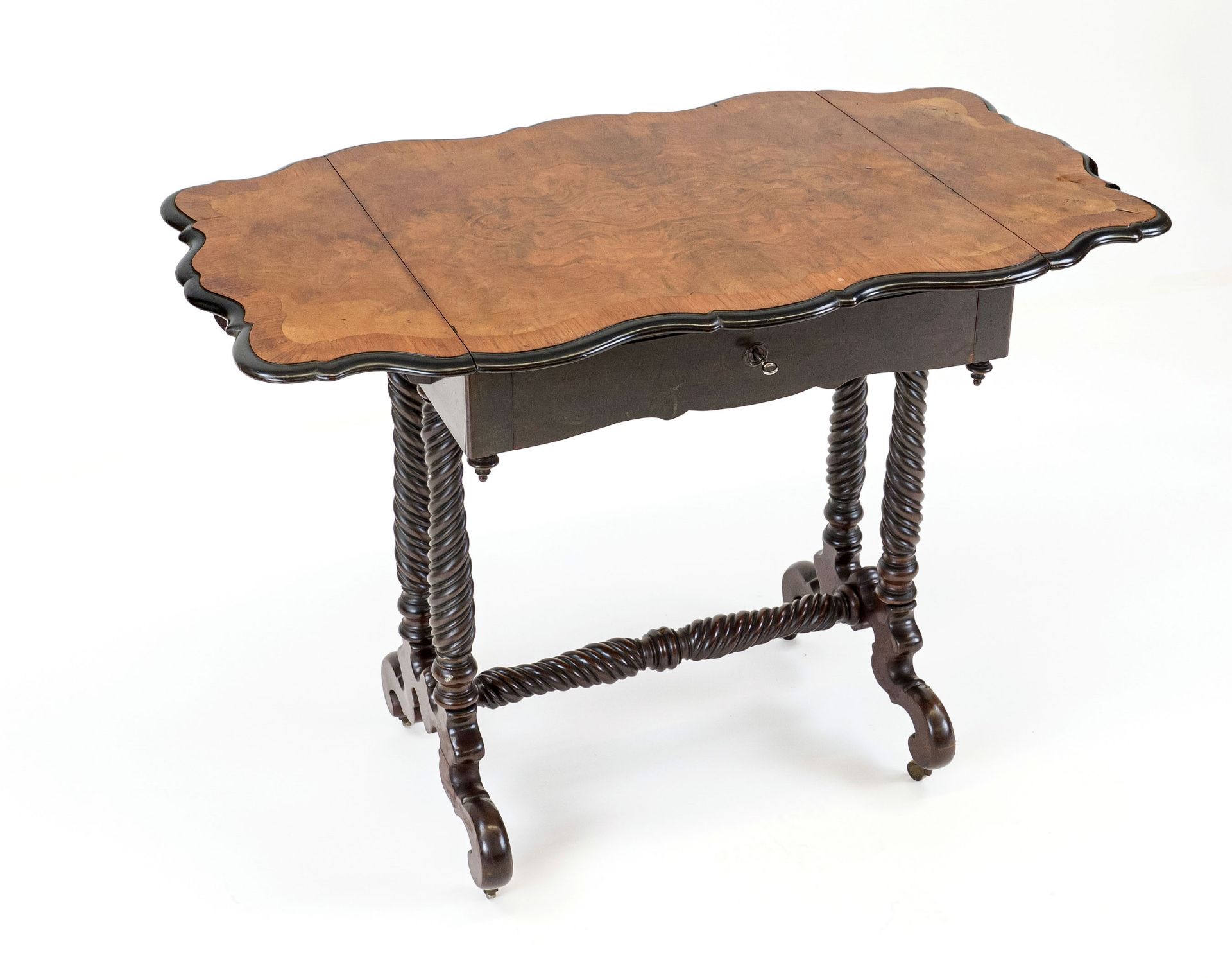 Side table, 19th century, walnut and mahogany, curved hinged top, frame with drawer, turned frame on