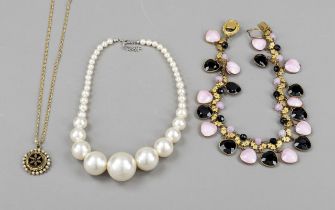 Two vintage costume jewelry necklaces and a necklace with pendant, gold- and silver-coloured