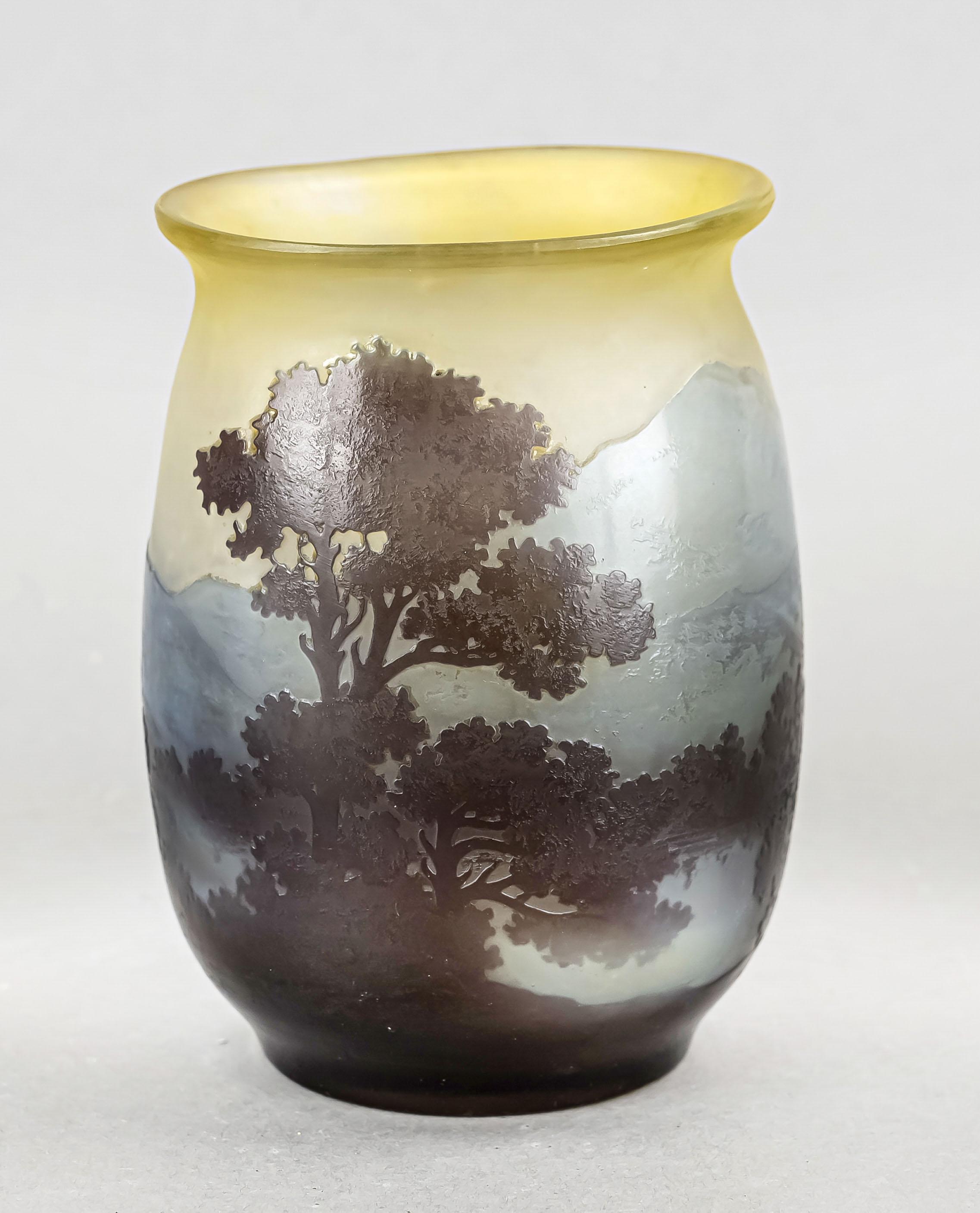 Vase, France, early 20th century, Emile Gallé, Nancy, round base, pressed oval body, flared rim,