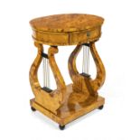 Lyra sewing table in the Viennese Biedermeier style, late 20th century, maple burl veneered, on a