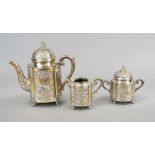 A three-piece mocha pot, German, 20th century, silver 800/000, each on 4 decorated feet, straight